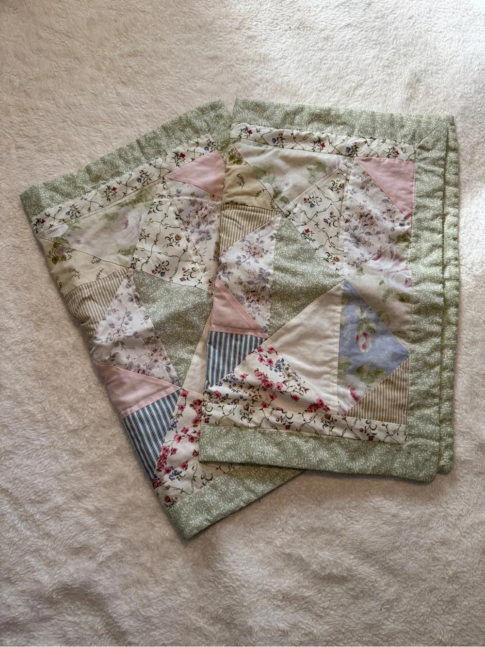 Quilted Handmade Patchwork Standard Size Pillowcases- Green & Pink